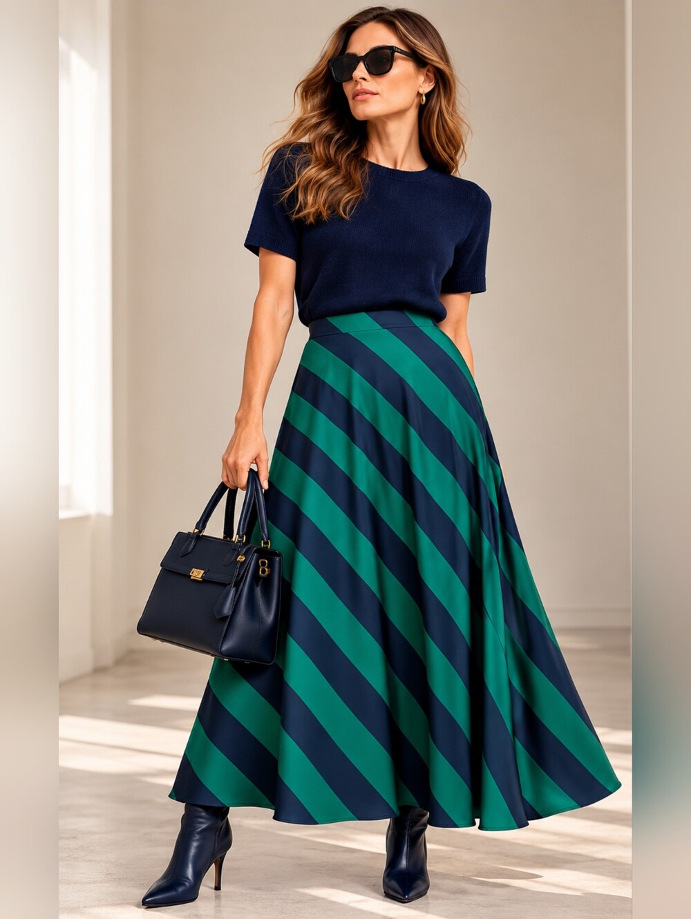 RIANI Green & Navy Striped Maxi Skirt Size 16